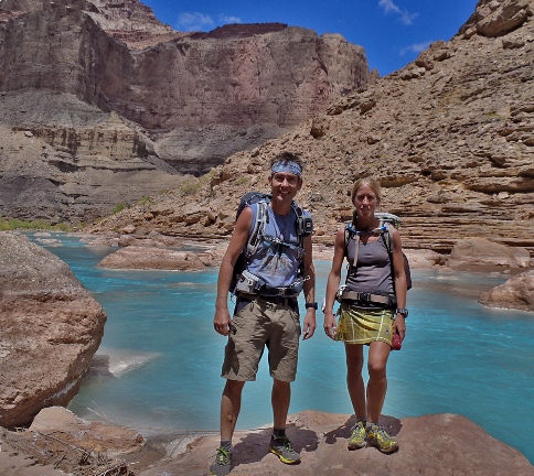 Matt Kalina and his wife, Lisa Kelly, exploring the confluence of the Little Colorado River and the Colorado River, Little Colorado River Gorge, near Grand Canyon